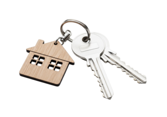 House key with wooden charm isolated on transparent background