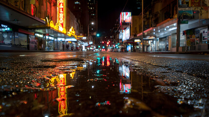 Fototapeta premium A city street at night with a bright neon sign in the background. The street is empty and the lights from the sign are reflected in the wet pavement