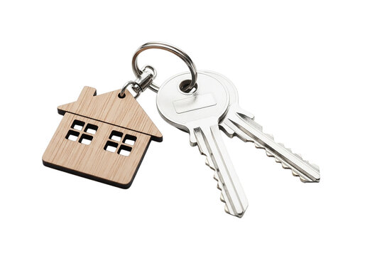 House key with wooden charm isolated on transparent background