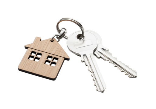 House key with wooden charm isolated on transparent background