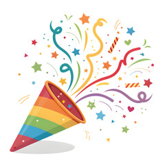 Rainbow party popper exploding with colorful confetti and streamers