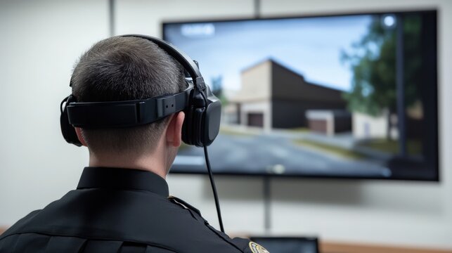 Person wearing virtual reality headset viewing simulated environment.