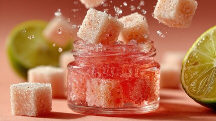 Guava jam jar surrounded by guava cubes, lime zest curls, and sugar crystals floating