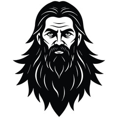 Stern-faced man, long hair and beard, vector art, serious expression, strong graphic style.