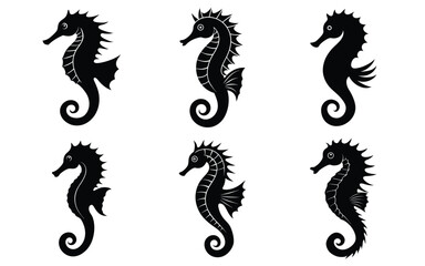 Six stylized seahorse silhouettes, seahorse silhouette, seahorse icon. bundle of seahorses, seahorse png © Abdullah