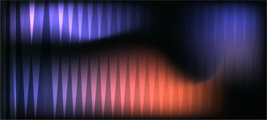 Glass ripple texture with dark gradient background and vivid orange, blue, and lilac light streaks. Futuristic distortion, moody abstract glow, reeded vertical blur. Vector iabstract vector background