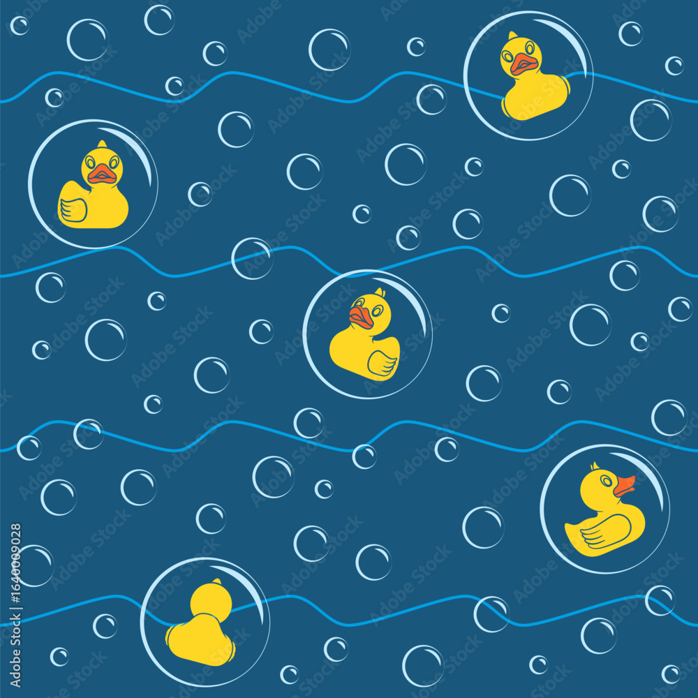Poster seamless pattern with yellow toy ducks and bubbles. colored vector background.