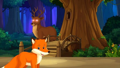Forest scene at night with fox and deer