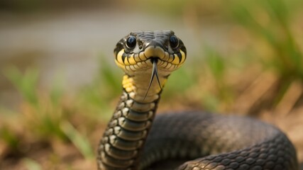 Fototapeta premium Close-up view of a striking black snake in natural habitat near water