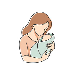 Tender moment between a mother and her newborn captured in a minimalist illustration style