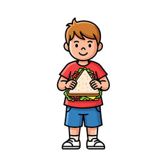 Happy boy holding a sandwich wearing a colorful shirt with a sandwich graphic design