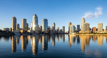 Obraz premium Breathtaking Urban Skyline Reflection in Calm Waters at Sunset: A Stunning Panoramic View of Modern Skyscrapers with Golden Light that Captivates Both City Life and Tranquility