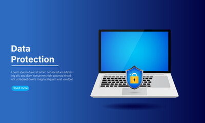 Laptop with blue screen, shield and padlock icon, symbolizing online safety, cyber defense, and data protection in digital security systems.
