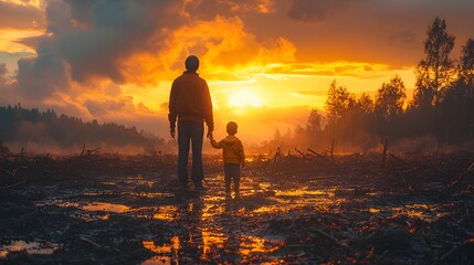 Fototapeta premium Silhouetted figures standing in a serene sunset lit landscape