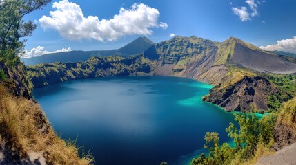 Volcanic crater lake with surrounding mountains under a vibrant sky.