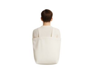 Young Man Wearing White Tote Bag Seen from Behind isolated on transparent background