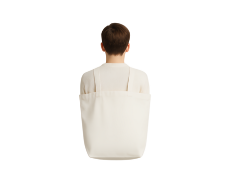 Young Man Wearing White Tote Bag Seen from Behind isolated on transparent background