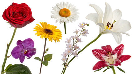 Different flowers isolated on transparent background PNG. AI GENERATED.