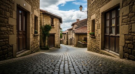 Fototapeta premium Charming Cobblestone Street in a Picturesque European Village Highlighting Rustic Architecture, Quaint Homes, Scenic Landscape, Perfect for Travel, Tourism, Real Estate, and Lifestyle Projects