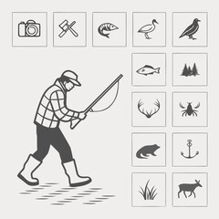 Fisherman silhouette casting a line isolated on white background