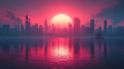 Obraz premium Futuristic city skyline at dawn with fading neon lights as the sun rises