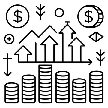 Financial growth chart with coins and arrows silhouette isolated on white background