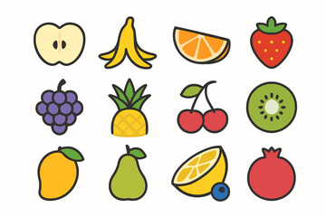 Colorful cartoon fruit collection: apple, banana, orange, strawberry, grape, pineapple, cherry, kiwi, mango, pear, lemon, pomegranate