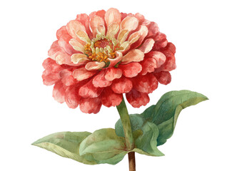 Detailed botanical illustration of a vibrant zinnia flower, featuring soft peach and pink petals, a central golden-orange disk, and delicate, muted green foliage