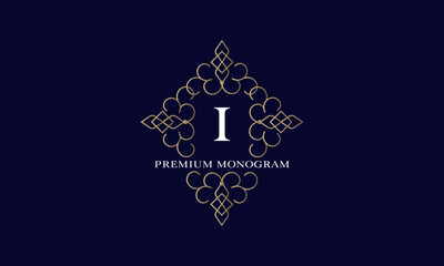 Premium monogram with initial I in the center and space for text on a dark background. Elegant design for business, company logo, restaurant, heraldry, hotel, boutique.