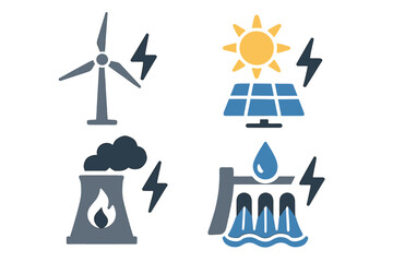 Renewable and non-renewable energy sources: wind, solar, nuclear, hydroelectric symbols