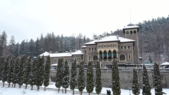 Cantacuzino Castle In Winter, Snowing. Bran, Romania.