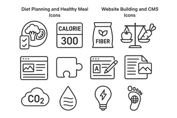 Diet and web design icons: nutrition, meal planning, and content management symbols
