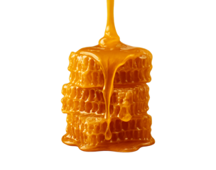 Golden honey drizzling over stacked honeycomb cells isolated on transparent background
