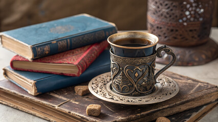 old books and cup of coffee