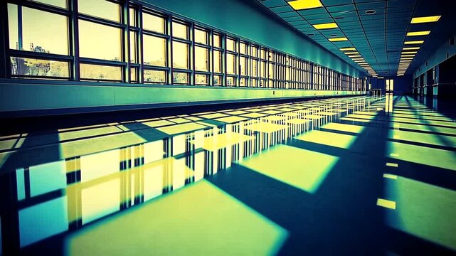 Abstract architectural shot with shadows casting geometric patterns in a bright corridor