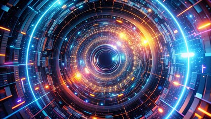 Obraz premium Dynamic digital tunnel with vibrant neon lights and glowing data streams, futuristic concept