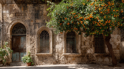 Fototapeta premium Sunlit Stone Building with Arched Windows and an Orange Tree, a Mediterranean Architectural Scene
