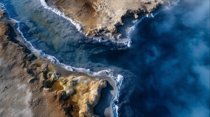 Vibrant Aerial View of Geothermal Area with Steaming Colorful Hot Springs and Mineral-Rich Shorelines