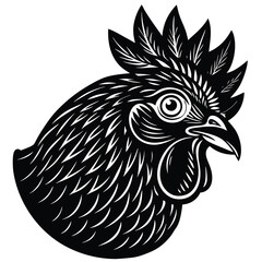 Stylized Rooster Head with Intricate Feathers Black on White Background Isolated