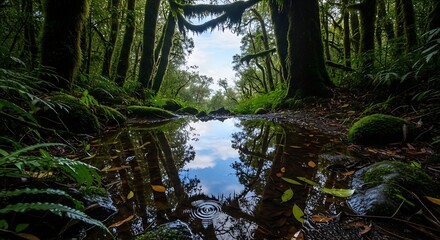 Enchanted Forest Scene with Reflective Pond Surrounded by Lush Greenery and Towering Trees, Perfect for Nature Lovers, Outdoor Enthusiasts, and Tranquil Retreat Advertisements