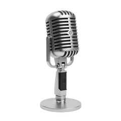 Fototapeta premium A classic vintage-style microphone stands elegantly against a white background. Its sleek metallic design evokes nostalgia, professionalism, and the timeless art of performance