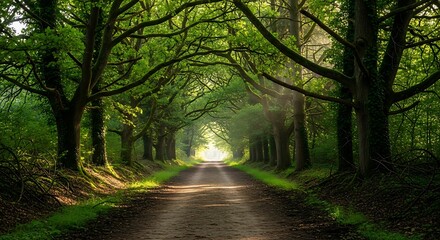 Obraz premium Enchanting Forest Pathway Bathed in Golden Light - Lush Green Trees Create a Serene and Inviting Atmosphere for Nature Lovers, Outdoor Enthusiasts, and Tranquil Retreat Seekers