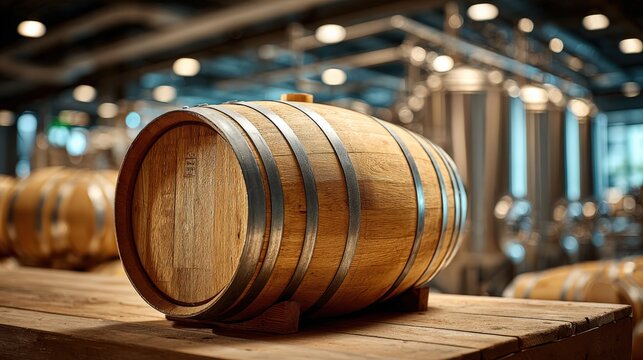 Artisanal beer conditioning in a modern microbrewery with acacia wood barrel