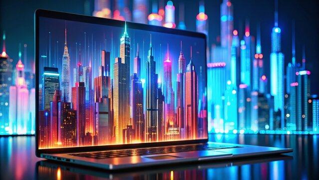 Explore vibrant cityscapes on your laptop screen, showcasing modern digital innovation and connectivity. - Powered by Adobe