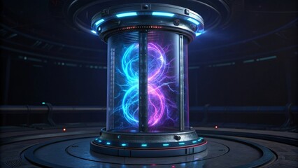 Futuristic energy core glows with vibrant blue and pink plasma in a dark, high-tech laboratory setting