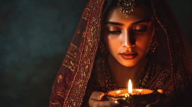 Young Indian woman in traditional dress holding oil lamp in dark night atmosphere, during religious festival of Diwali