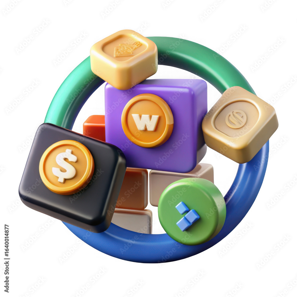Poster colorful game blocks with currency symbols isolated on transparent background