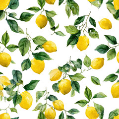 A vibrant pattern of lemons and leaves on a black background.  Fresh, yellow lemons are depicted hanging from branches with lush, green leaves.  The image is detailed and creates a repeating design