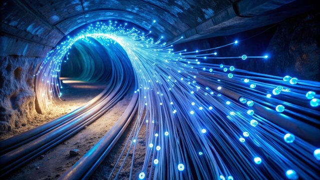 Futuristic fiber optic cables glow with vibrant blue light in a dark tunnel, symbolizing data and connectivity. - Powered by Adobe
