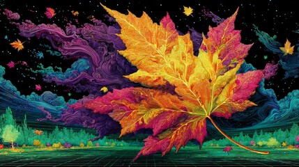 Simplified 3D maple on Dutch polder dyke with electric orange and purple leaves